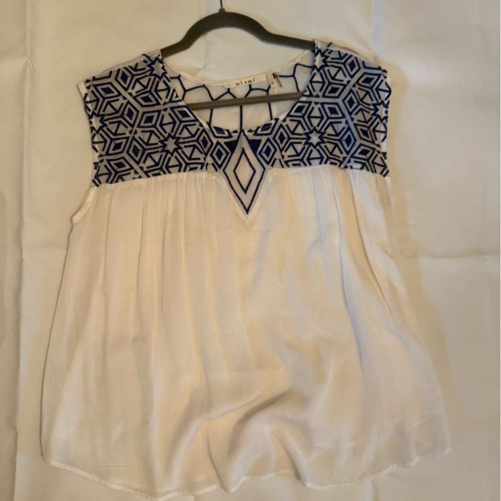 Miami White Sleeveless Embroidered Top with Blue Geometric Pattern